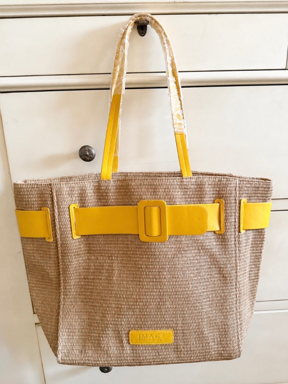 IMAGE Skincare Large Woven Tote Bag Yellow Buckle Trim NWOT